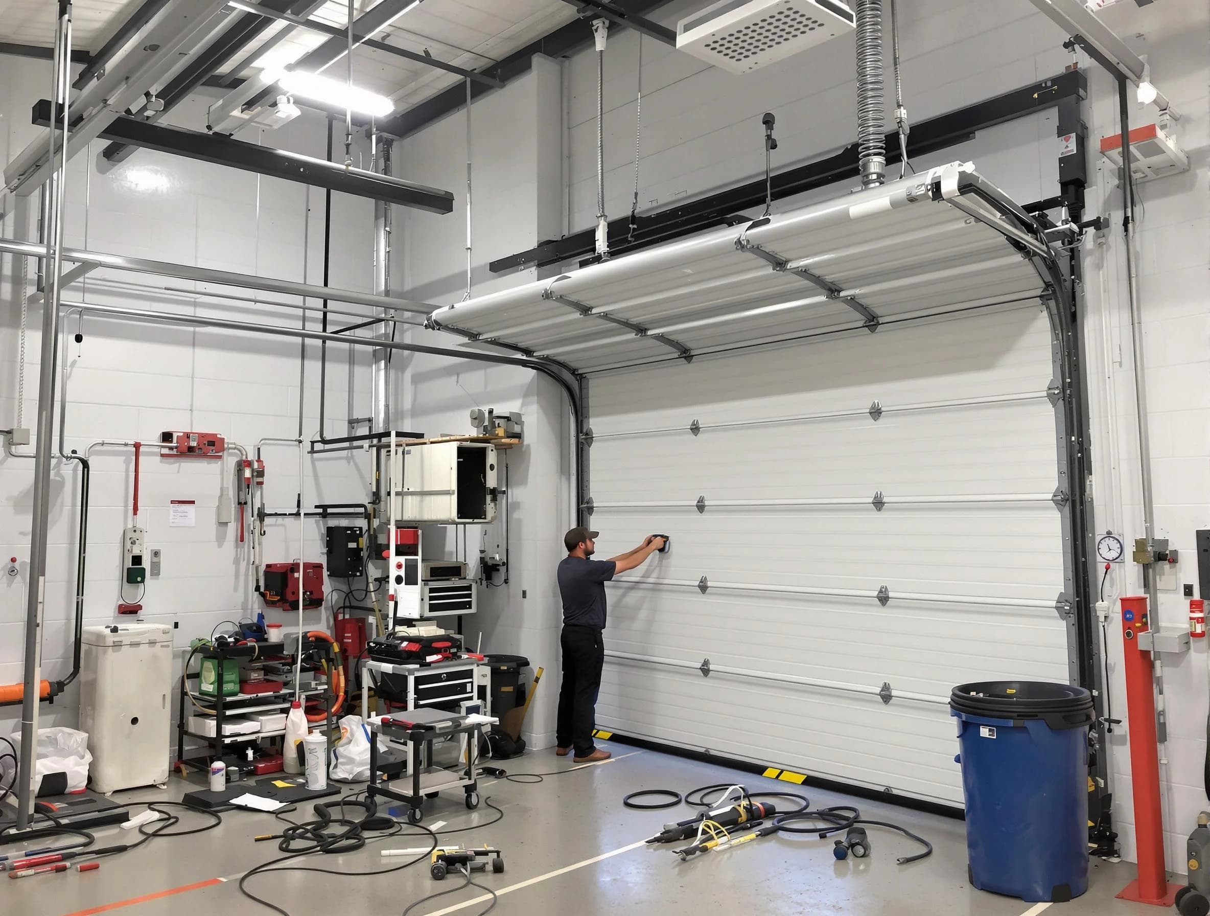 Bergenfield Garage Door Repair certified technician performing commercial door repair at a Bergenfield business facility