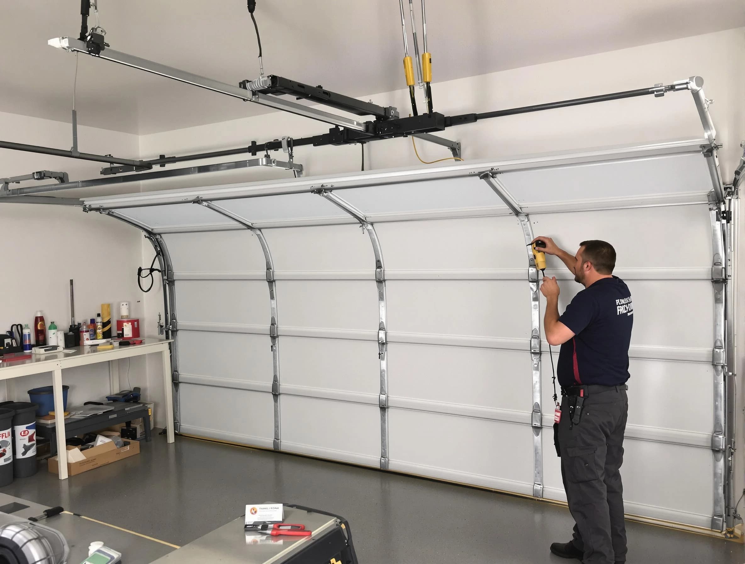 Bergenfield Garage Door Repair certified technician performing overhead door system repair in Bergenfield