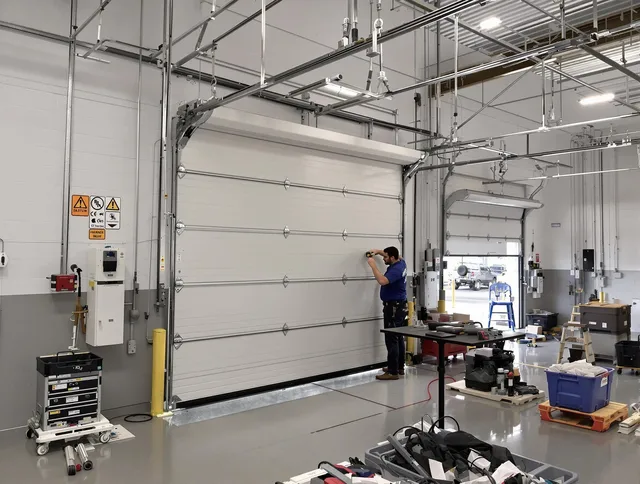 Commercial garage door repair being performed by Bergenfield Garage Door Repair expert in Bergenfield