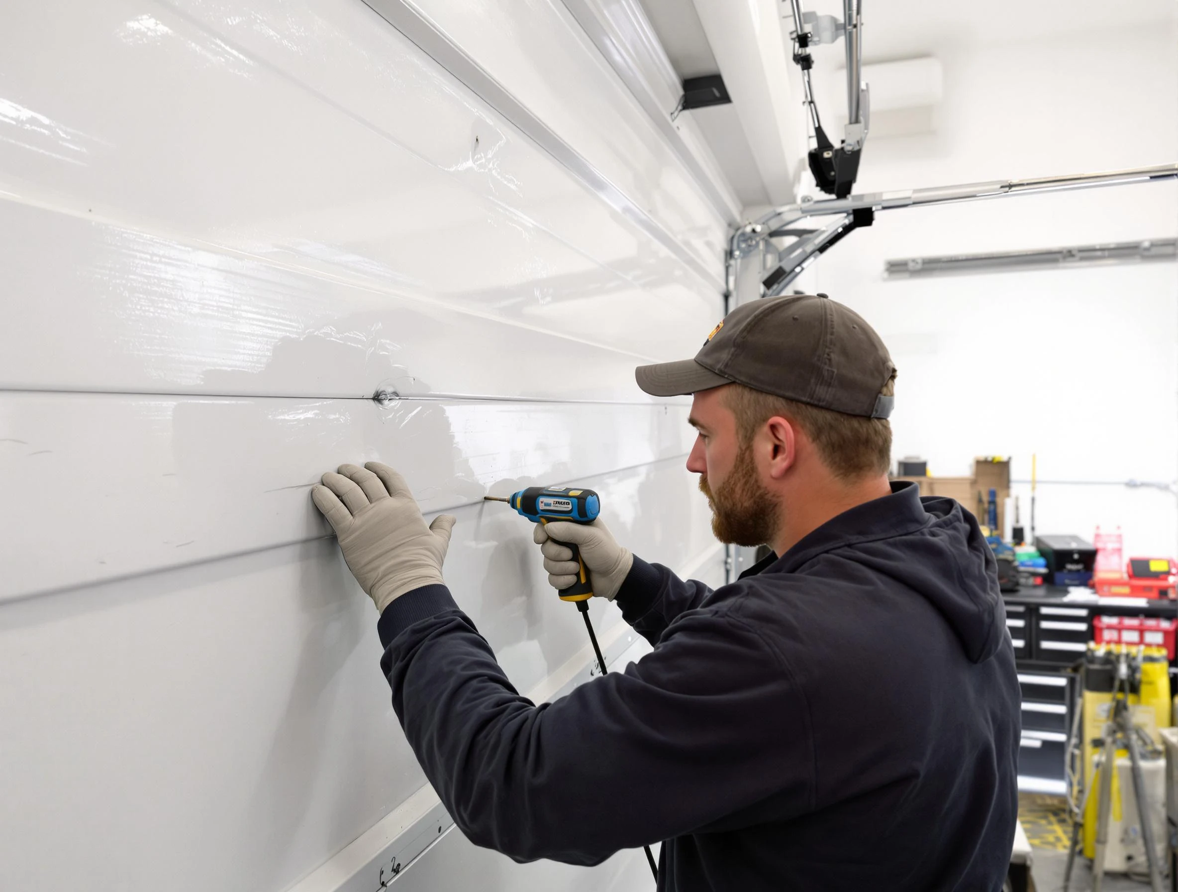 Bergenfield Garage Door Repair technician demonstrating precision dent removal techniques on a Bergenfield garage door