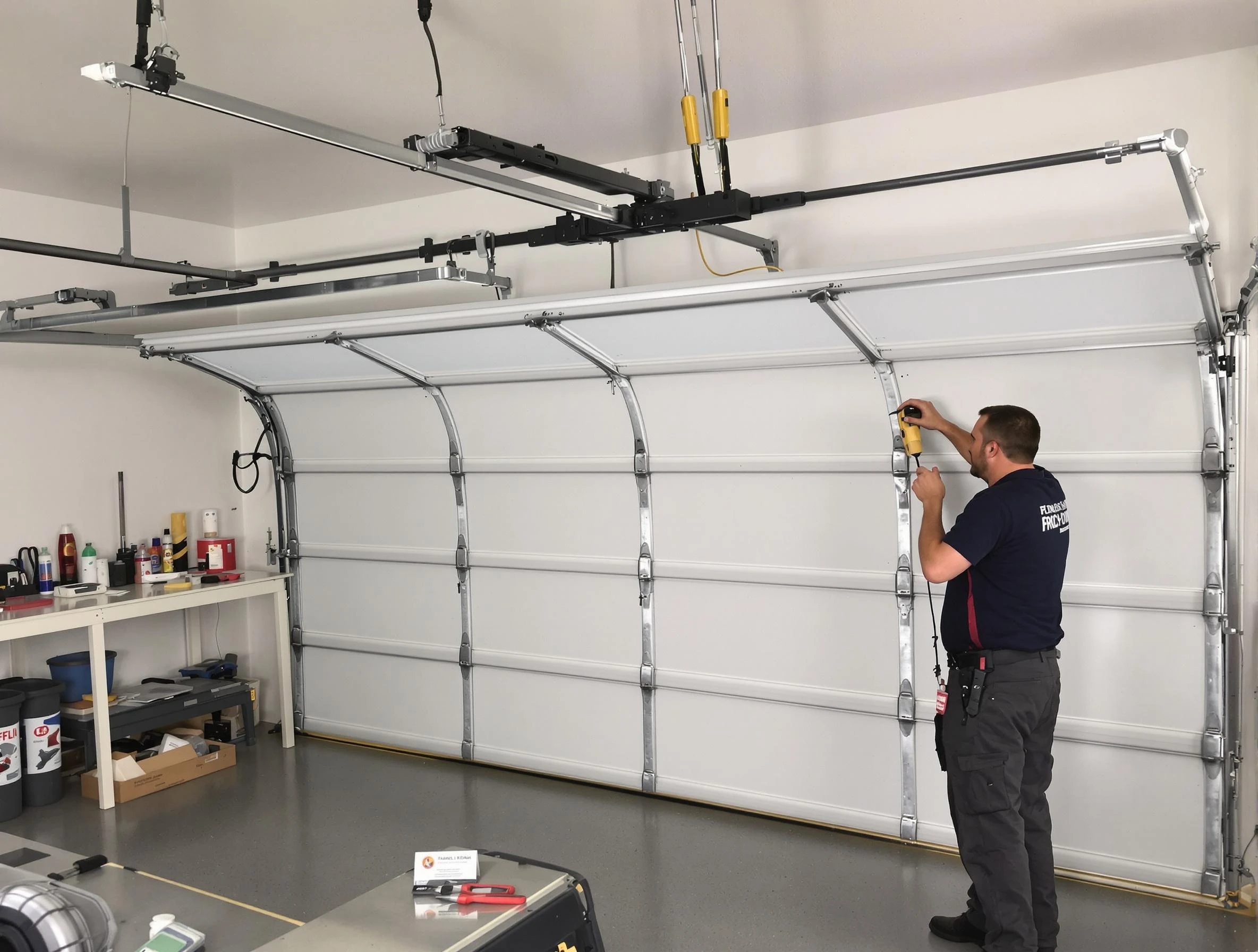 Bergenfield Garage Door Repair certified technician performing overhead door system repair in Bergenfield