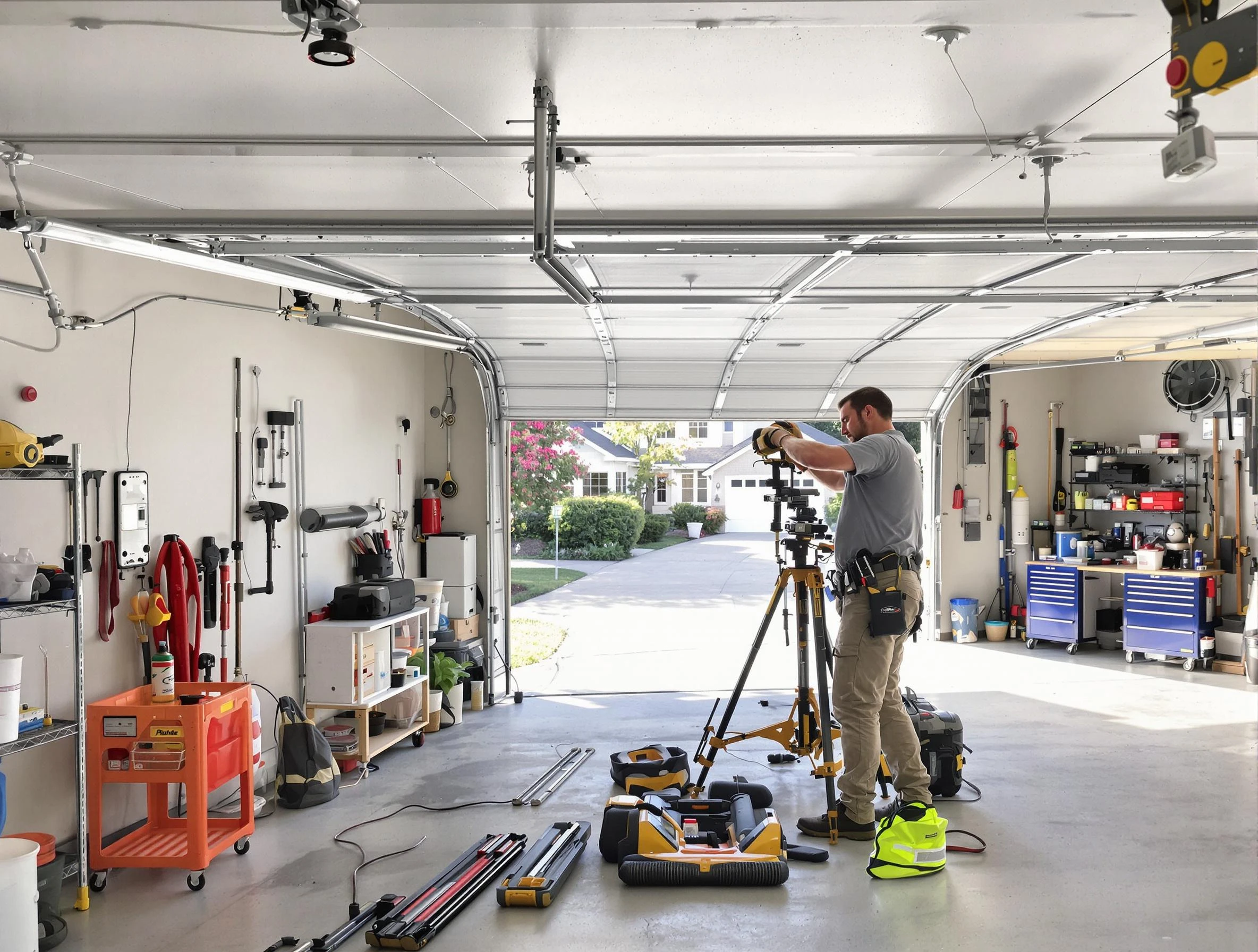Bergenfield Garage Door Repair specialist performing laser-guided track alignment in Bergenfield
